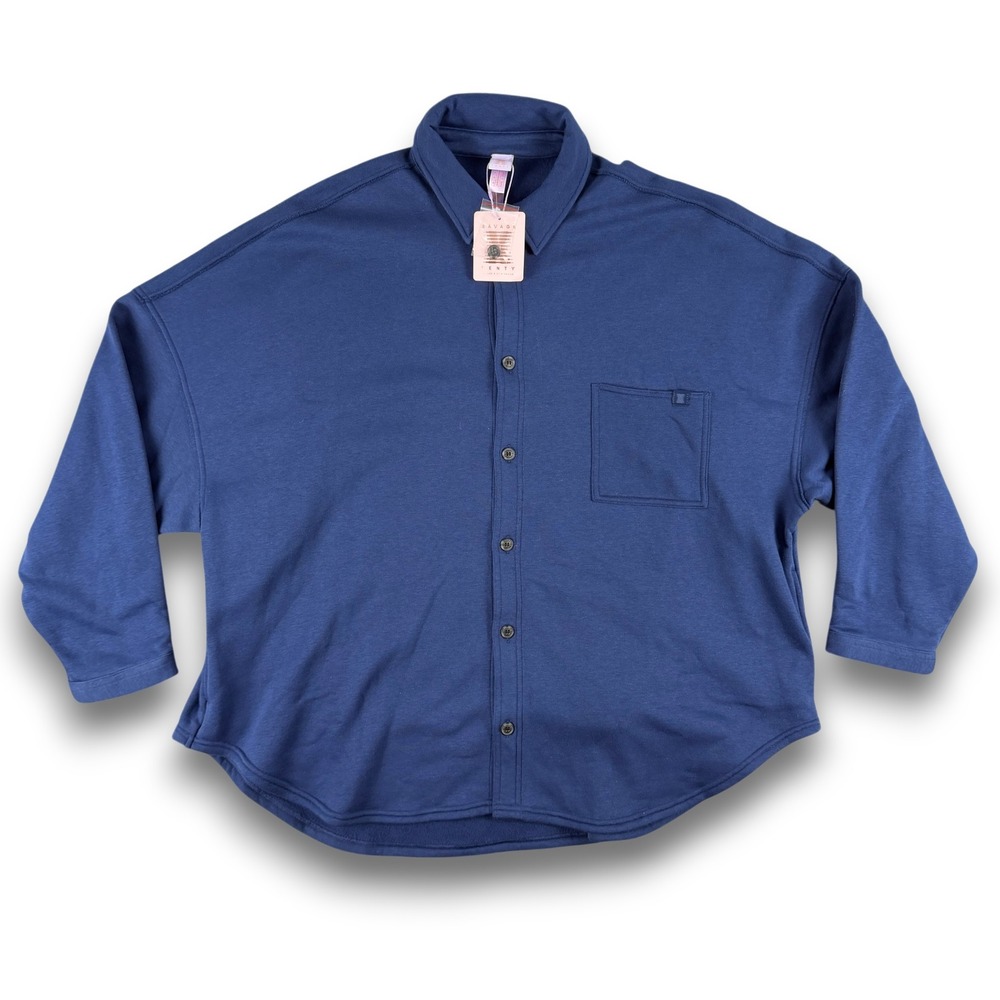 Savage Fenty Shirt Unisex L Blue Fleece Oversized Button Down Long Sleeve Pocket